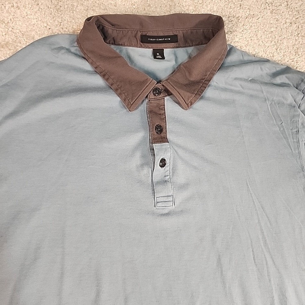 TravisMathew Polo Shirt Mens XL Blue Brown Pima Cotton Golf Casual Short Sleeve